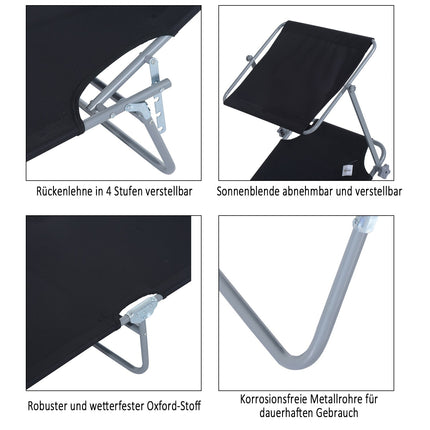 Black folding sun lounger with sun protection, 187x58x36 cm