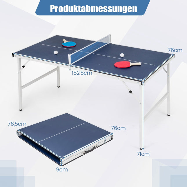 Opklapbare tafeltennistafel met net, 2 rackets en ballen.