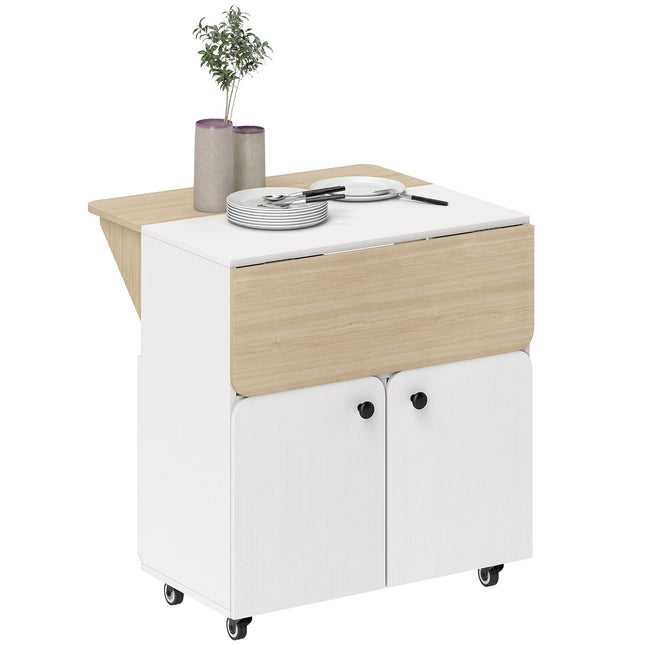 Opvouwbare tafel met opbergruimte, 2 uitklapbare bladen, 4 wielen, wit/natuurkleur