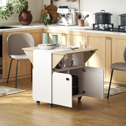 Folding Table with Storage, 2 Drop Leaves, 4 Wheels, White/Natural