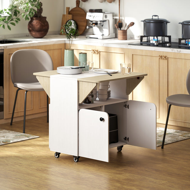 Opvouwbare tafel met opbergruimte, 2 uitklapbare bladen, 4 wielen, wit/natuurkleur
