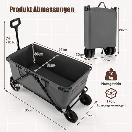 Folding Wagon with Adjustable Handle, 170L Capacity, Grey
