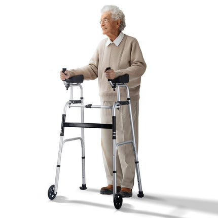 Folding Walker, Height-Adjustable, Removable Armrests, 5 in Wheels