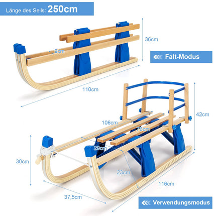 Folding Wooden Sled with Backrest and Pull Rope, Blue