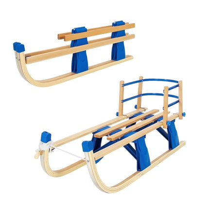 Folding Wooden Sled with Backrest and Pull Rope, Blue