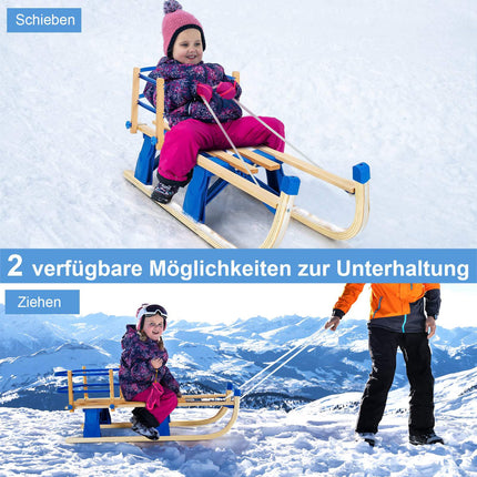 Folding Wooden Sled with Backrest and Pull Rope, Blue
