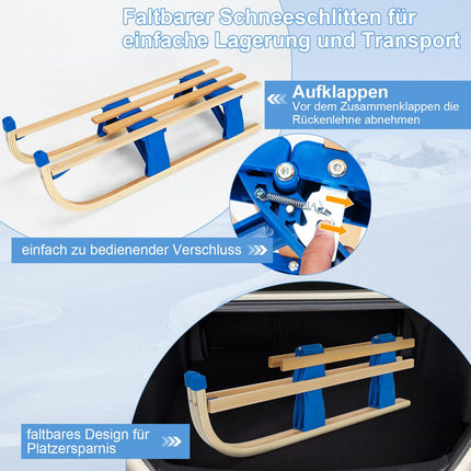 Folding Wooden Sled with Backrest and Pull Rope, Blue