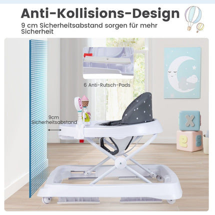 Folding baby walker with wheels, 3-level height adjustable & removable soft seat cushion, grey