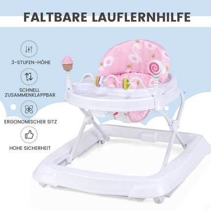 Folding baby walker with wheels, 3 levels, height adjustable & removable soft seat cushion, pink