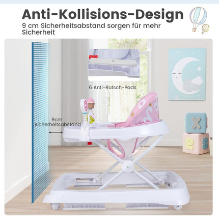 Folding baby walker with wheels, 3 levels, height adjustable & removable soft seat cushion, pink