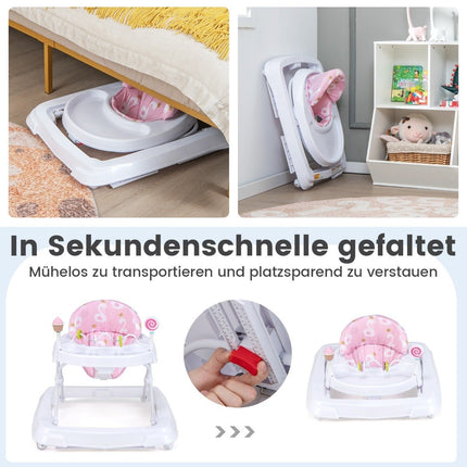 Folding baby walker with wheels, 3 levels, height adjustable & removable soft seat cushion, pink