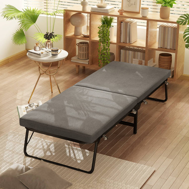 Folding guest bed with foam mattress, metal frame, dark grey
