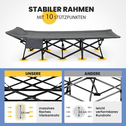 Folding camping lounger with side pocket, camp bed, load capacity up to 200 kg, guest bed, grey