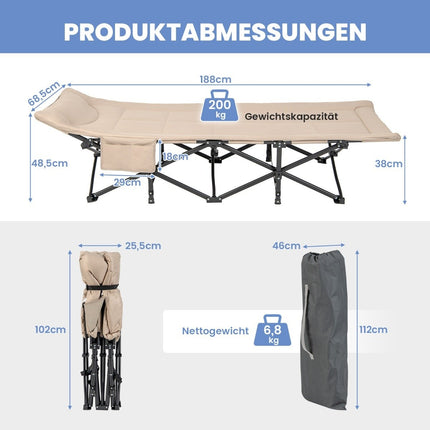 Folding camping lounger with side pocket, camp bed, load capacity up to 200 kg, guest bed, khaki