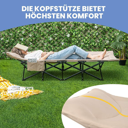 Folding camping lounger with side pocket, camp bed, load capacity up to 200 kg, guest bed, khaki
