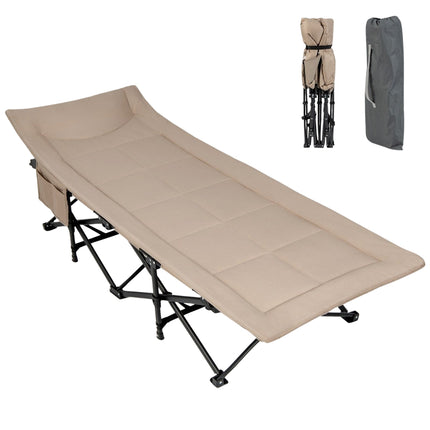 Folding camping lounger with side pocket, camp bed, load capacity up to 200 kg, guest bed, khaki