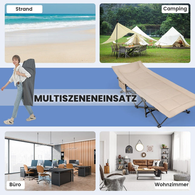 Folding camping lounger with side pocket, camp bed, load capacity up to 200 kg, guest bed, khaki