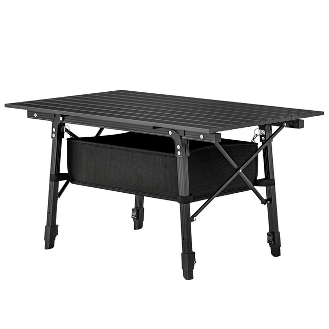 Campingtafel, opvouwbare picknicktafel met opbergmand, draagtas, in hoogte verstelbare klaptafel, voor tuinfeesten, kamperen, barbecue, aluminium zwart Aosom