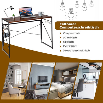 Folding computer table, work table with metal frame, laptop table, can hold up to 115 kg, brown, 100 x 50 x 75 cm