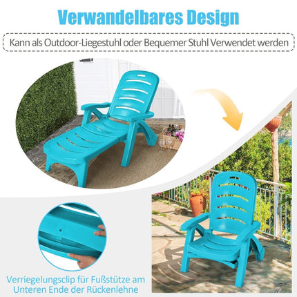 Folding deck chair 5-way adjustable outdoor garden lounger with built-in wheels turquoise
