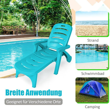 Folding deck chair 5-way adjustable outdoor garden lounger with built-in wheels turquoise