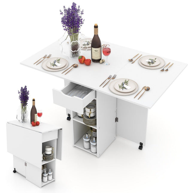 Folding dining table with 2 wheels, mobile folding table, dining room table with 2-tiered storage area and drawer, white