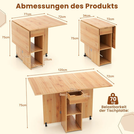 Folding dining table with 2 wheels, mobile folding table, dining room table with 2-tiered storage area and drawer, wood
