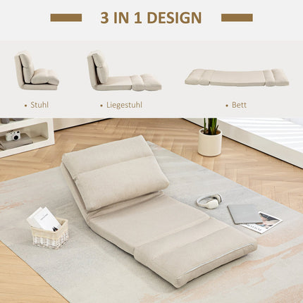 Adjustable folding floor chair, bed function, linen look, brown