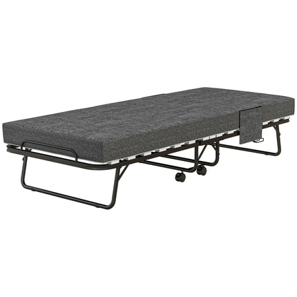 Folding guest bed with wheels, 10 cm mattress, dark grey