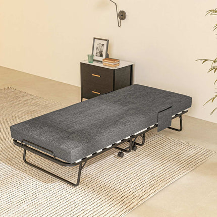 Folding guest bed with wheels, 10 cm mattress, dark grey