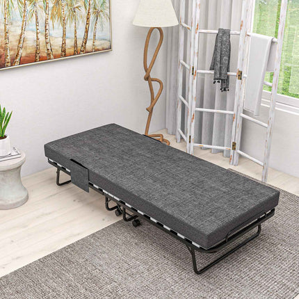 Folding guest bed with wheels, 10 cm mattress, dark grey