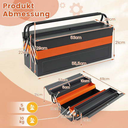 Folding metal tool box with 5 compartments & padlock on 3 levels tool box