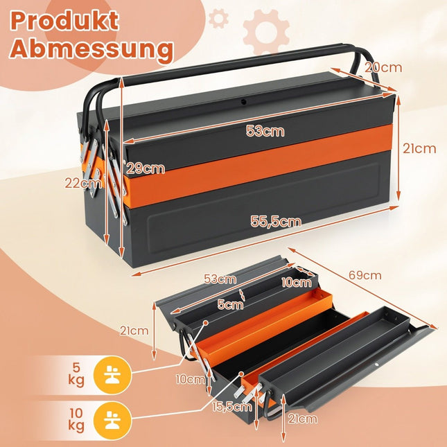 Folding metal tool box with 5 compartments & padlock on 3 levels tool box