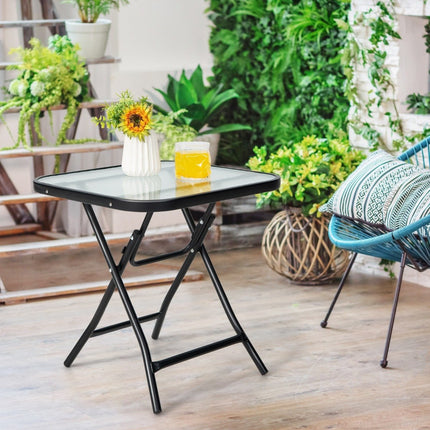 Folding patio side table square glass table with stainless frame black