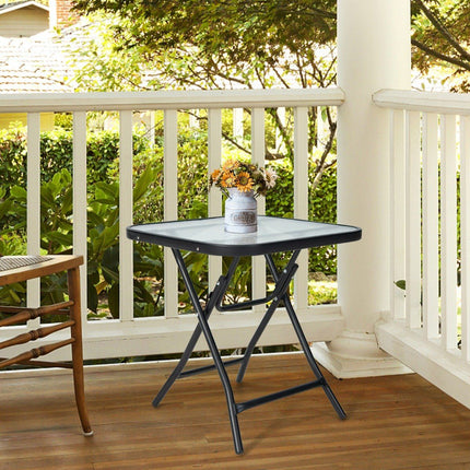 Folding patio side table square glass table with stainless frame black