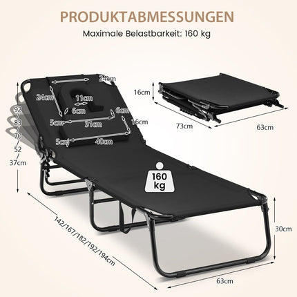 Folding sun lounger with face opening & 3 cushions & 5-way adjustable backrest black
