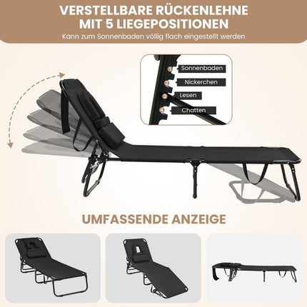 Folding sun lounger with face opening & 3 cushions & 5-way adjustable backrest black