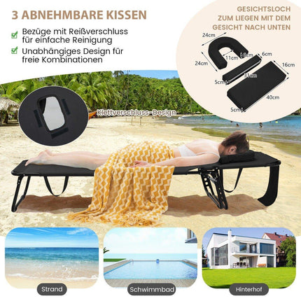 Folding sun lounger with face opening & 3 cushions & 5-way adjustable backrest black