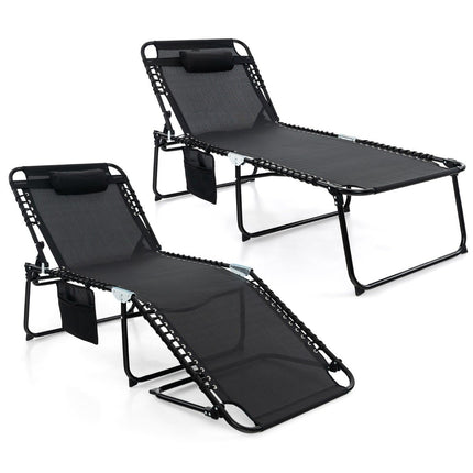 Folding sun lounger with headrest &amp; Side pocket &amp; Adjustable backrest garden lounger black