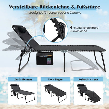 Folding sun lounger with headrest &amp; Side pocket &amp; Adjustable backrest garden lounger black