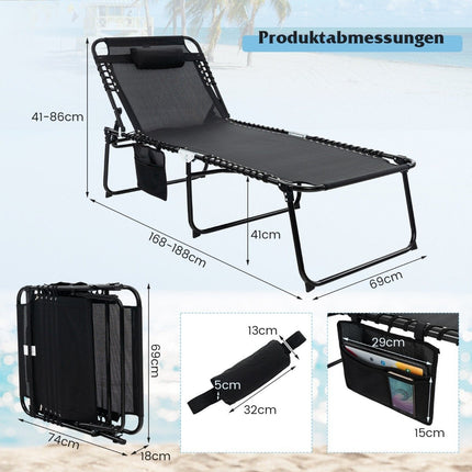 Folding sun lounger with headrest &amp; Side pocket &amp; Adjustable backrest garden lounger black