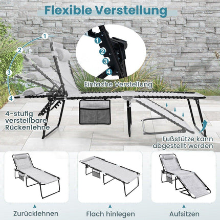 Folding sun lounger with headrest &amp; Side pocket &amp; Adjustable backrest garden lounger gray