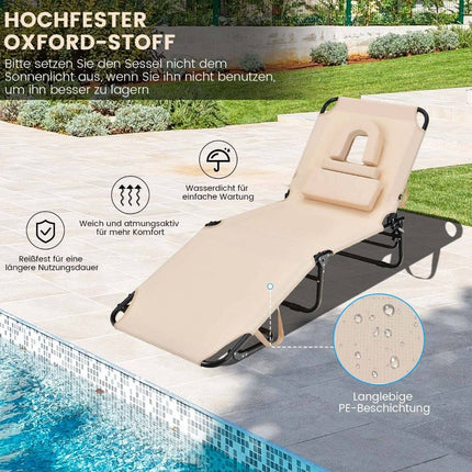 Folding tanning chair beach lounger with face opening beige