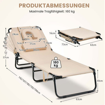 Folding tanning chair beach lounger with face opening beige