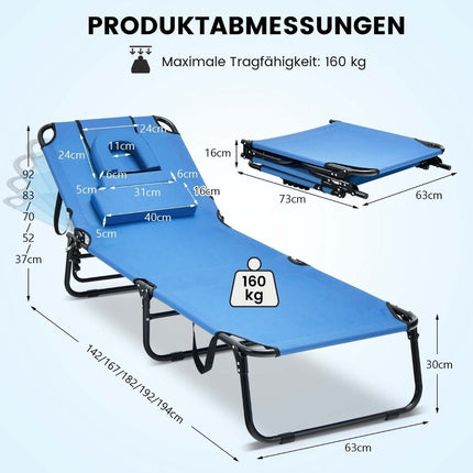 Folding tanning chair beach lounger with face opening blue