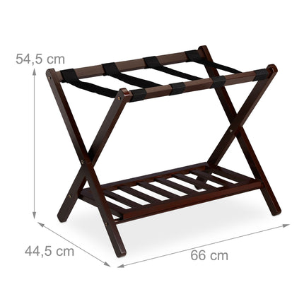 Folding wooden luggage rack with 2 shelves