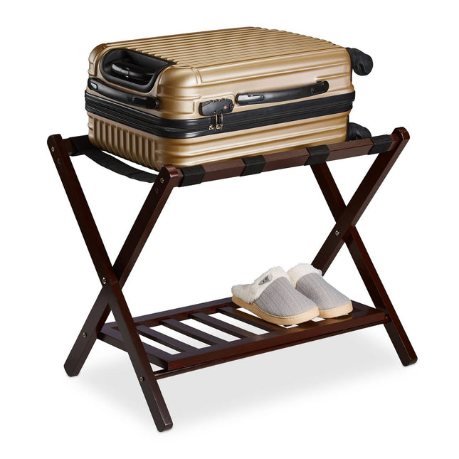 Folding wooden luggage rack with 2 shelves
