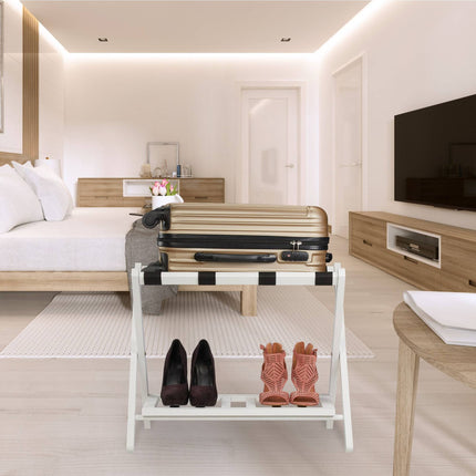 Folding wooden luggage rack with 2 shelves