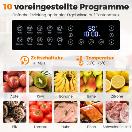 Food Dehydrator, 8 Trays, 48H Timer, 35–75C, Silver