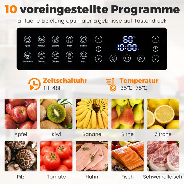 Food Dehydrator, 8 Trays, 48H Timer, 35–75C, Silver